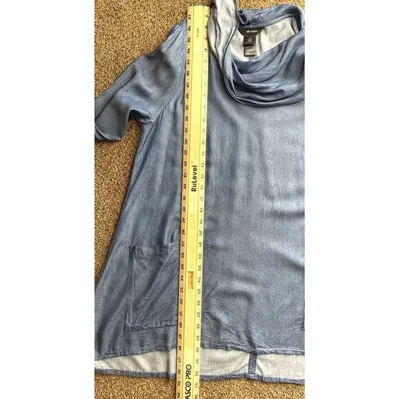 Ali Miles Sz M 100% Lyocell Blue Chambray LS Soft Draped Cowl Asymmetrical Pkts - Picture 7 of 7